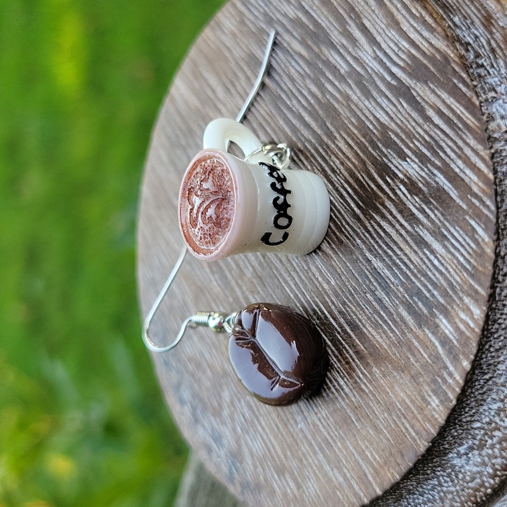 Coffee Bean and Mug Mismatched Drop Earrings - Picture 4 of 7
